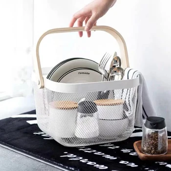 

Portable Large Capacity Rustproof Metal Container Decorative Storage Basket Vegetable Wire Mesh Practical Wooden Handle Home