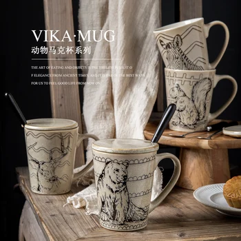 

Vintage ceramic mug with lid spoon household cup set hand-painted animal print personality men's ceramic cup fun gift coffe mug