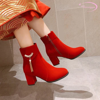 

Party style comfortable round toe flock ankle boots fashion crystal chain zipper high heel thick riding boots women's shoes