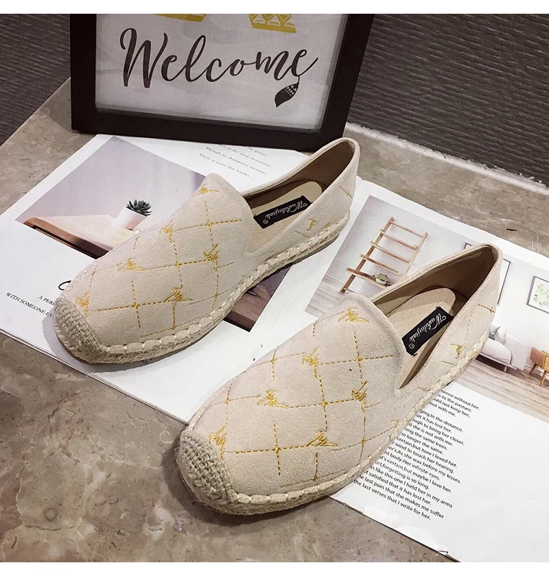 Fashion Hemp Loafers Women Espadrilles Flats Shoes Sewing Rhinestone Round Toe Ladies Casual Moccasins Slip On Brand Style New