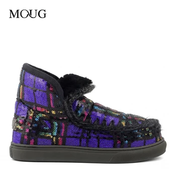 

Moug winter shoes women snow boots original eskimo 24 tartan sequin handmade sheepskin platform ladies ankle boot