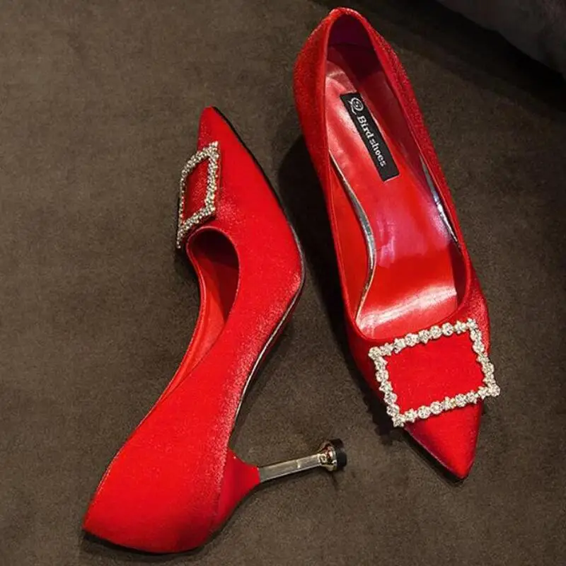 Fashion Shallow Mouth High Heels Nightclub Sexy Women's Shoes Stiletto Buckle Diamond Rhinestone Bridal Wedding Red | Обувь