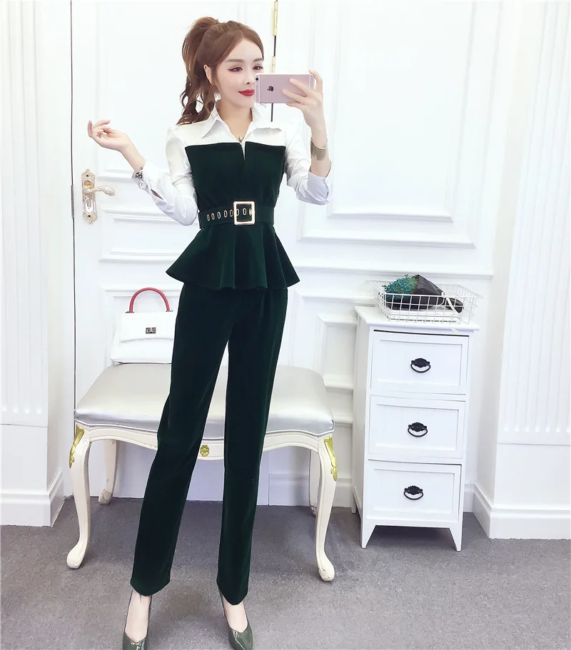 

Photo Shoot 2020 Spring-Style Elegant Shirt Collar Tops + Slim Fit Velvet Material Trousers Set