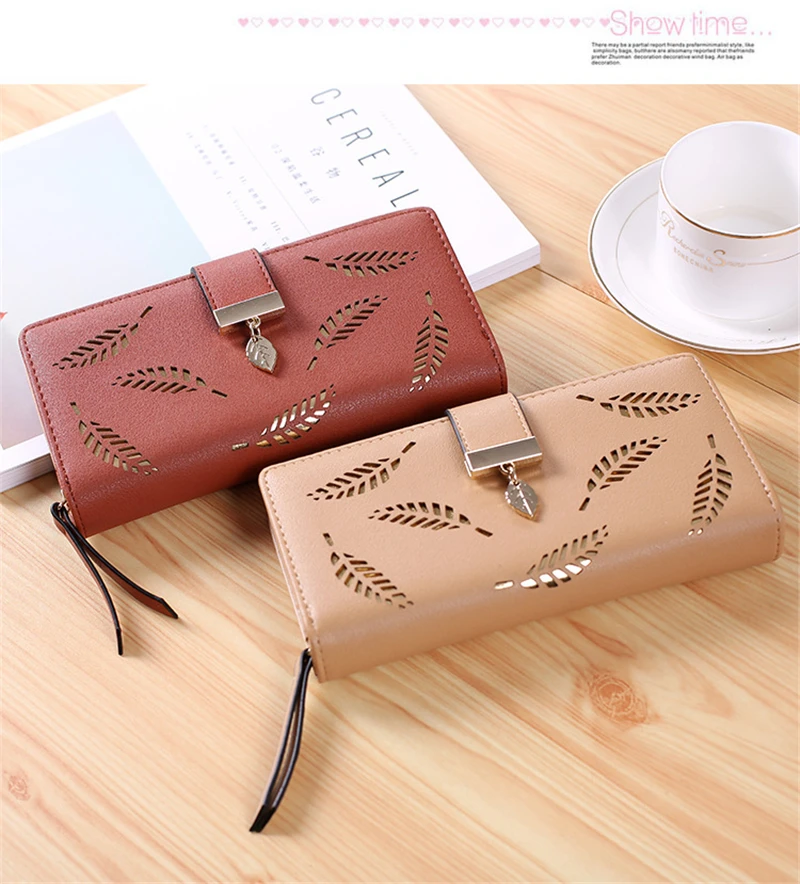 Women's Hollow Golden Leaf Buckle Wallet Female Long Zipper Coin Purses Ladies Multifunction Card Holder Clutch Money Bag