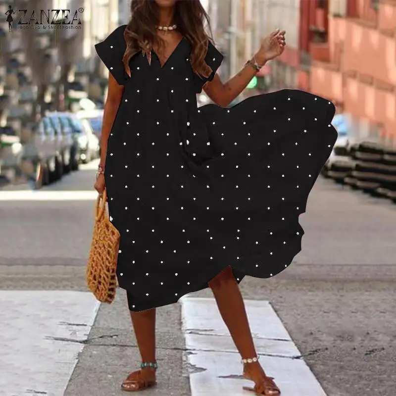 

ZANZEA Summer V neck Short Sleeve Polka Dot Dress Women Sundress Robe Femme Bohemiam Beach Party Vestido Plus Size Vintage Dress