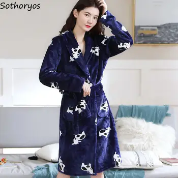 가운, 여성 프린트 플란넬, 가을/겨울용 따뜻한 캐주얼 루즈하고 심플한 목욕 가운, 여성용 우아한 플러스 벨벳 가운, 잠옷, 얼짱