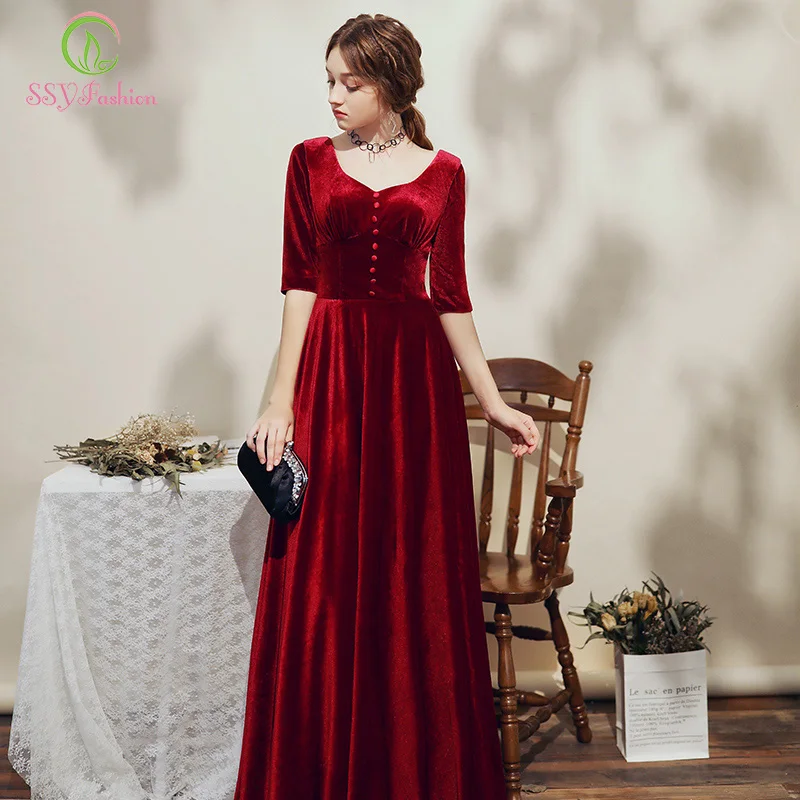 SSYFashion New Vintage Wine Red Velour Evening Dress Half Sleeve Floor-length Simple Long Prom Formal Gown Vestidos De Noche | Свадьбы и