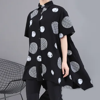 

Johnature New Casual Wave Point Print Womens Tops And Blouses 2020 Summer Turn-down Collar Short Sleeve Irregular Shirts