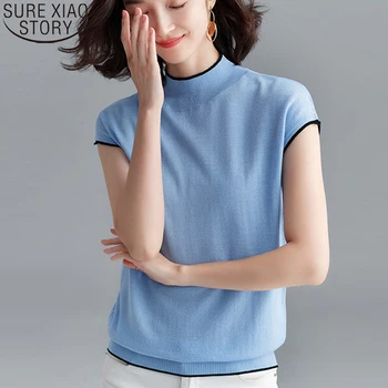 

Spring and Summer Women Knitted Vest 2020 New Fashion Casual Pink Blue Shirts Solid Turtleneck Sleeveless Bottoming Shirt 9439