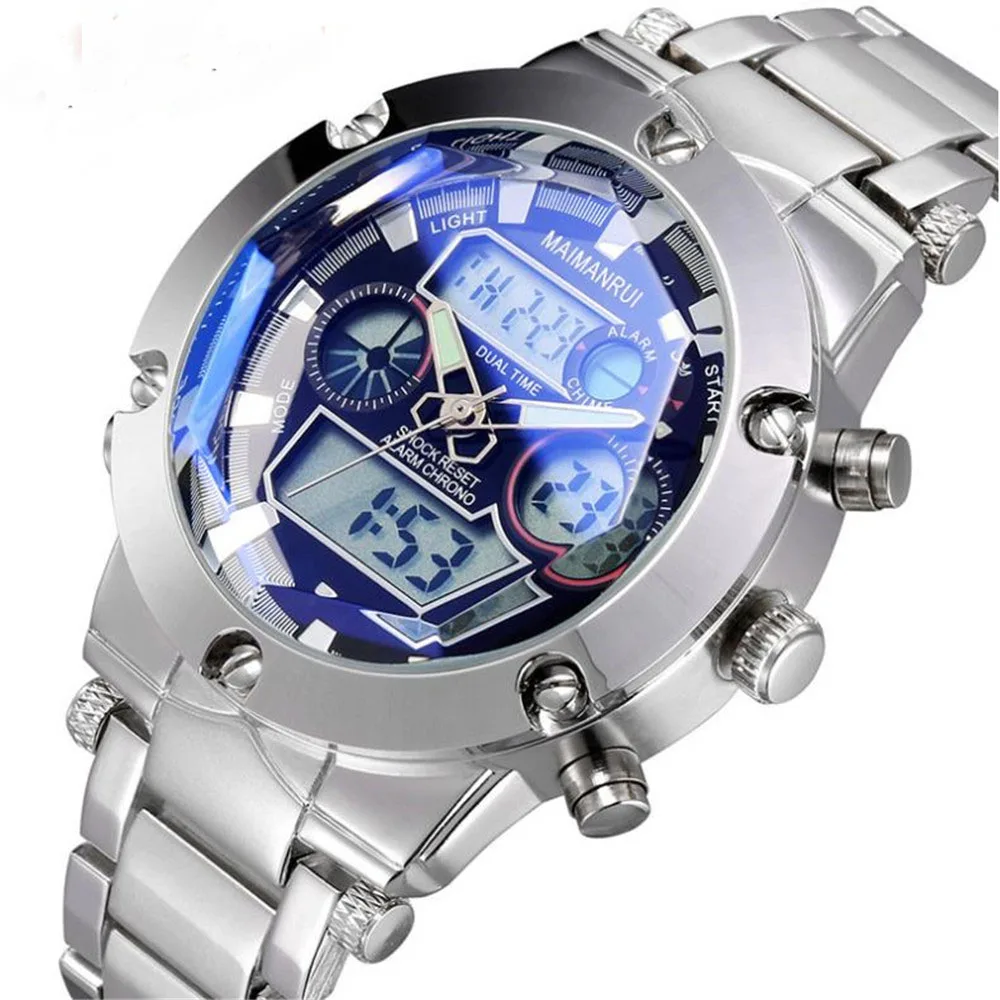

New Exploded Glass Double Core Steel Belt Quartz Night Light Meter Sports Waterproof Alarm Watch Men's Watch