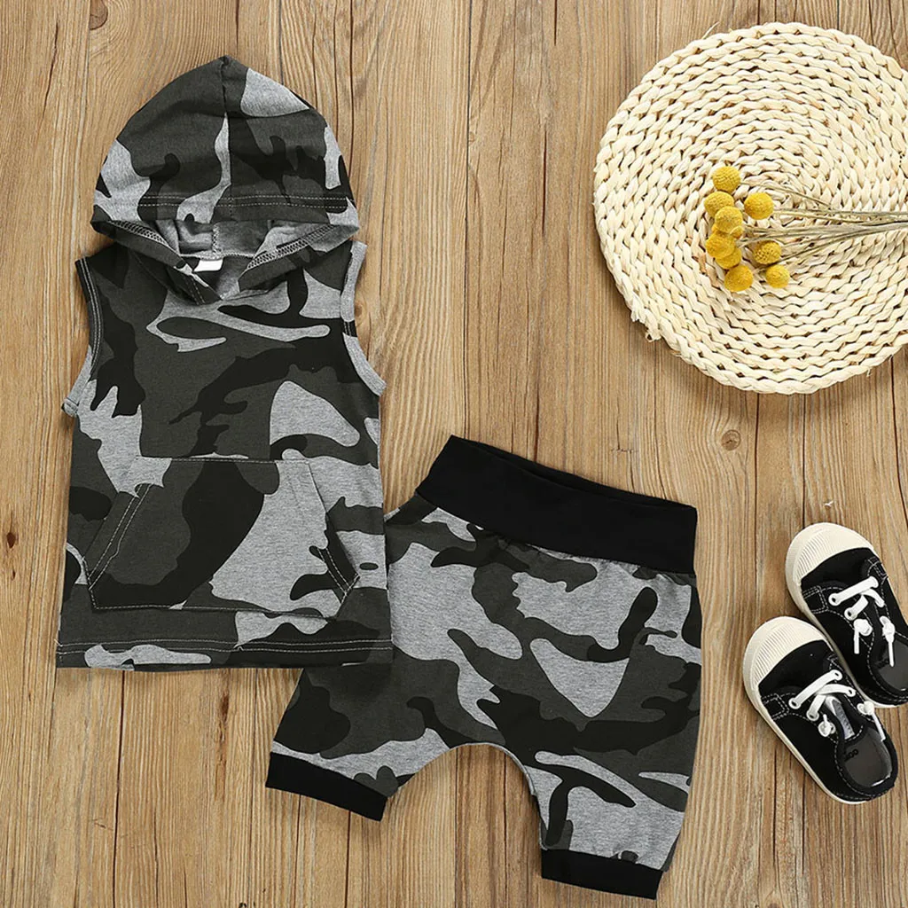 

2pcs Newborn Toddler Baby Boy Camouflage Hoodie Tops Sleeveless T-shirt Vest + Shorts Outfits Sets Baby Casual Clothes 0-24m