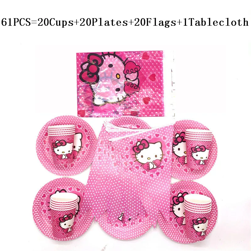 

61Pcs/31Pcs Hello Kitty Theme Event Party Paper Banner Girl Birthday Party Decorations Supplies Cups Plates Flags Tablecover Set