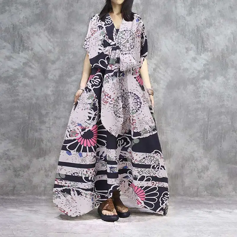 M 5XL ZANZEA летнее платье с принтом, сарафан, винтажное, короткий рукав, на шнуровке, Vestidos, женские богемные вечерние, длинное, макси, Женский кафтан