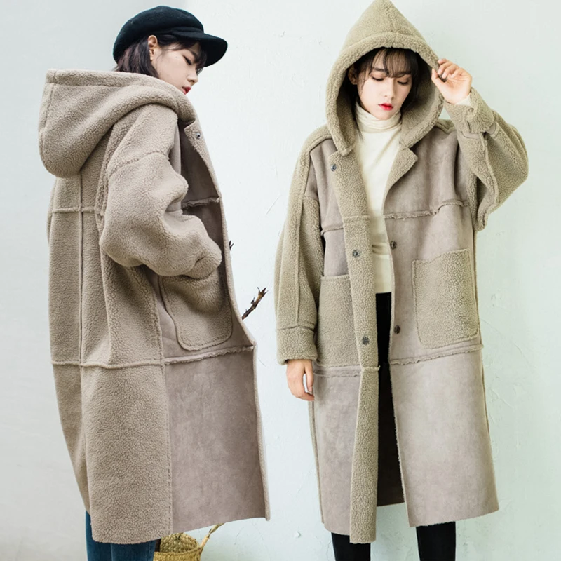 

Fleece Suede Female Coat 2019 Fashion Long Sleeve Hooded Long Fleece Coat Korean Oversized Hoody Overcoat White Manteau Femme