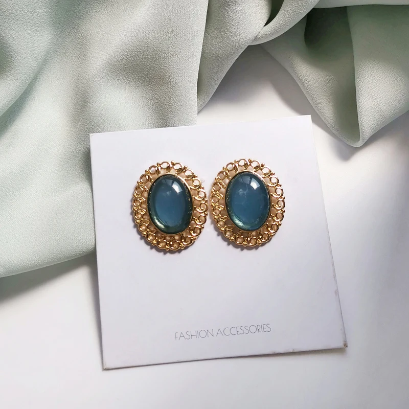 

S925 needle Retro Opal Blue Earrings Hot Selling Golden Plating Metal Alloy Hollow Big Oval Stud Earrings Modern Jewelry Gifts