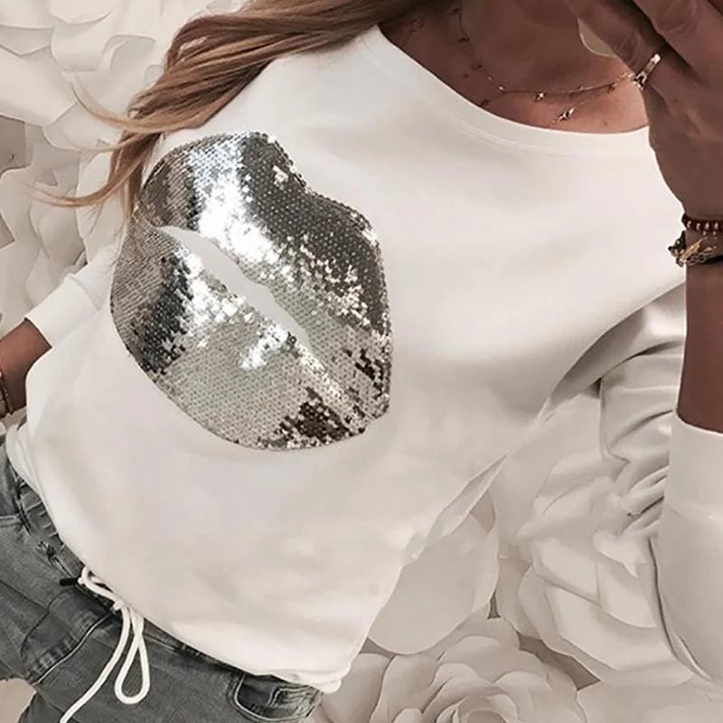 Sequins White Женская толстовка с блестками и принтом, модная Осенняя леопардовая толстовка с длинными рукавами и круглым вырезом, Женская толстовка с капюшоном Kawaii - Цвет: Sequins White