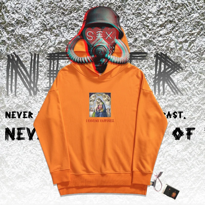Sudaderas hombre, толстовка с капюшоном, Классическая, с рисунком Рафаэля, маслом, для девственницы и ребенка, толстовки с принтом «I HAVE MY HAPPINESS» - Цвет: orange