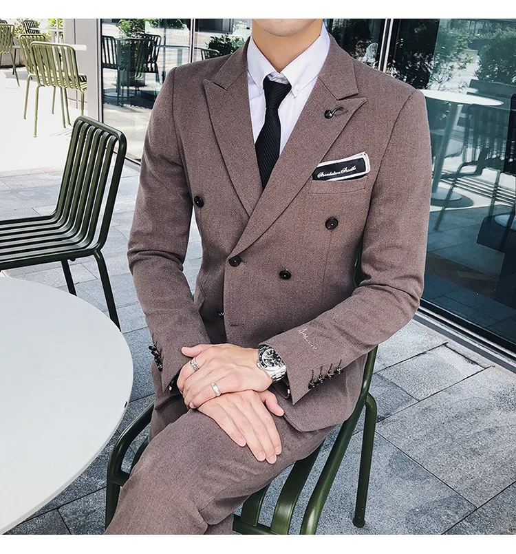 Куртка+ брюки) High-end вышивка одноцветная мужские, повседневные, деловые двубортный костюм 2 предмета в комплекте жениха, свадебное платье, смокинг