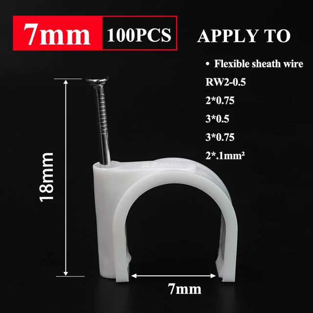 100PCS Round Cable Wire Clips 4mm 6mm 8mm 10mm Cable Management RG6 CAT6 RJ45 Electrical Wire Cord Tie Holder Circle Cable Clips Round 7mm 100PCS