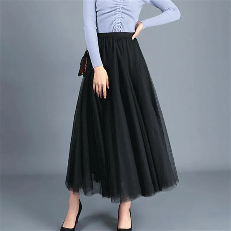 US Women Mesh Solid Color Skirts High Waist Lace Mesh Tulle Floral Long Skirt Ladies Layered Long Skirts