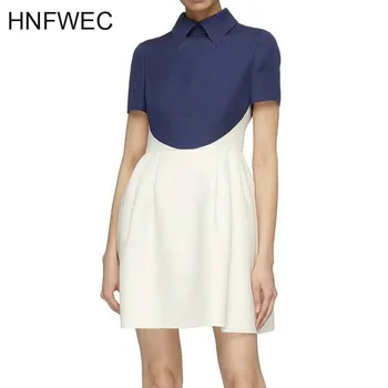 

2019 New Summer Fashion Women Clothes Turn-down Collar Short Sleeves High Waist Spelling Waist Short Sleeve Dress R515