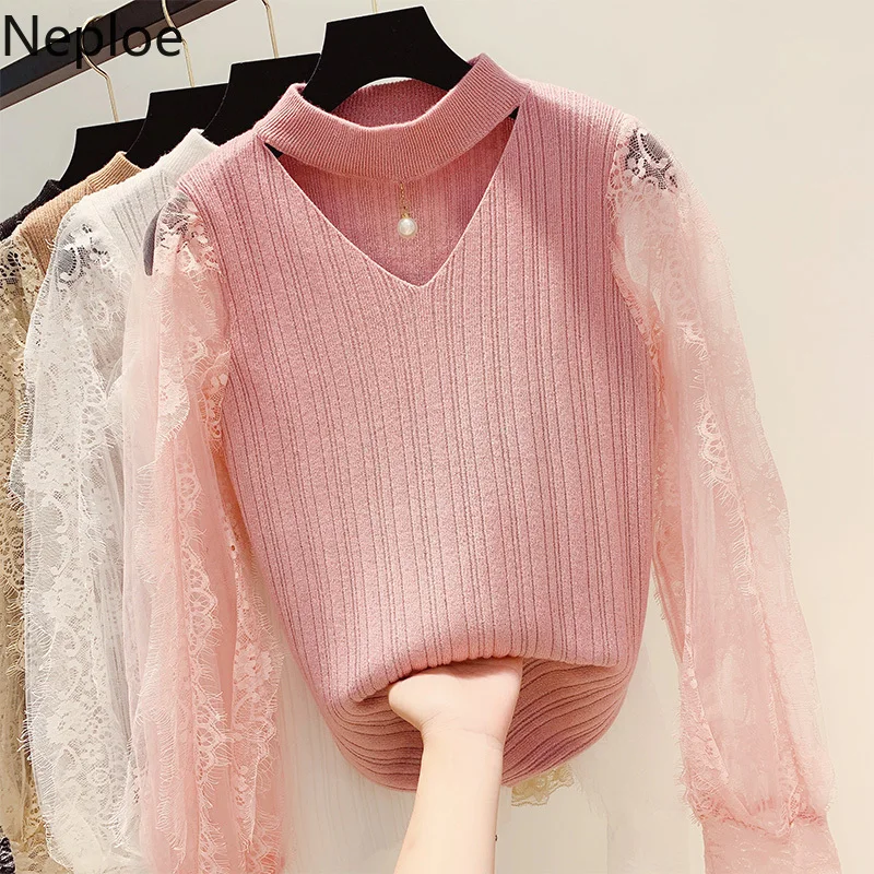 

Neploe 2019 Autumn Winter New Korean Lace Patch Hollow Flower Sweater Short V Neck Hoolow Out Pulloverssweet Pull Femme 46575