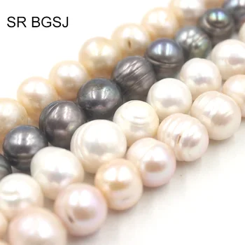 

Free Shipping SR 11-14mm Black White Pink Purple Gray Pearls Nearly Round Natural Freshwater Pearl DIY Beads Strand 15"