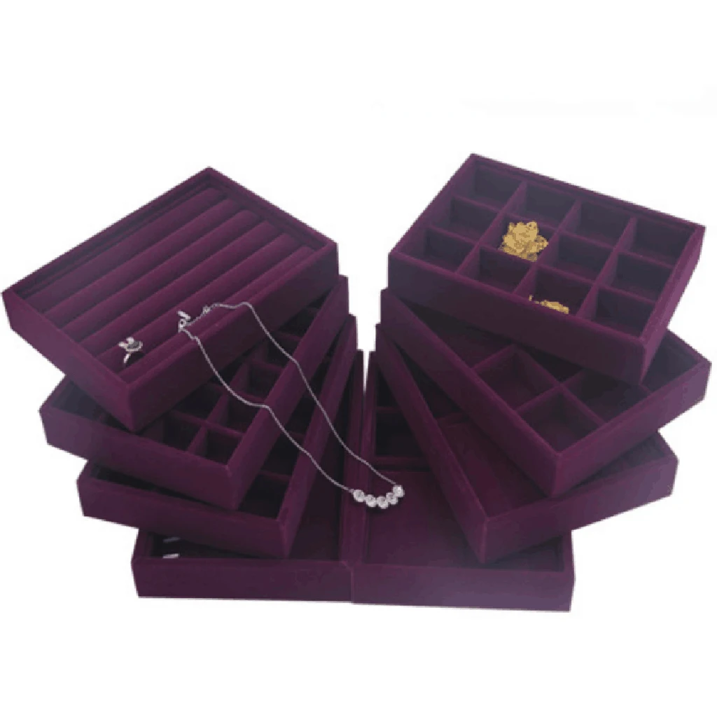 Elegant Purple Velvet Stackable Jewelry Ring Earring Display Tray 24 Girds Case Holder Organizers Storage Showcase