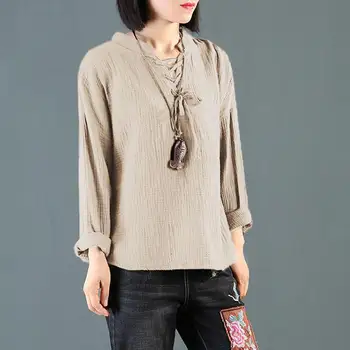 

Autumn Women Blouses 2019 Casual Long Sleeve Stand Collor Lace Up Loose Solid Shirts Plus Size Tops Solid Linen Blusas Femininas