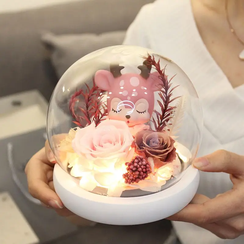 

Artificial Eternal Flower Plastic Golden Rose Led Light In Glass Dome Wooden Base Gifts for Her Valentines Day