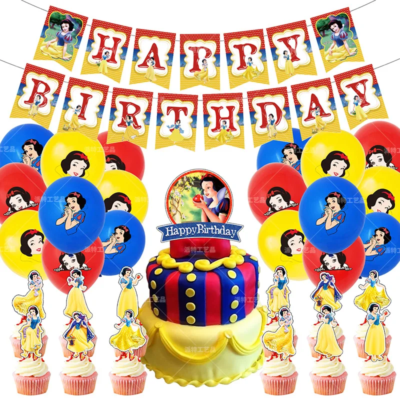 1set/lot Snow White Princess Theme Latex Balloons Party Set Cake Decorations Card Alice Hanging Banner Cupcake Toppers Picks |