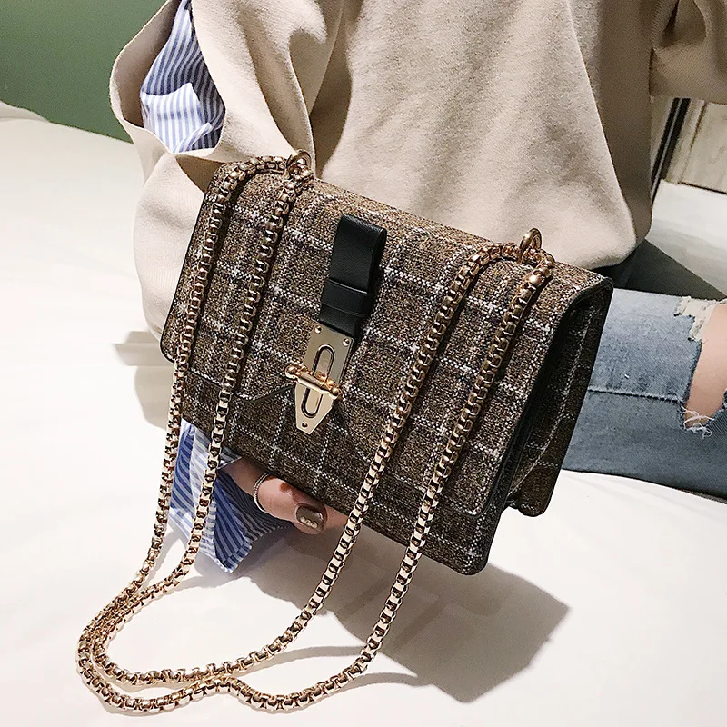 

Korean-style Stereo Stereotypes Square Sling Bag Cloth Plaid Lock Beads Chain Shoulder Oblique WOMEN'S Bag
