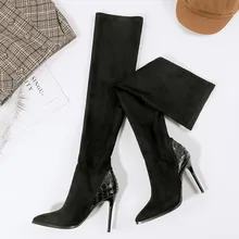 Г. Замшевые женские сапоги на тонком каблуке Модные Кожаные эластичные высокие сапоги до бедра сапоги выше колена на высоком каблуке осень-зима
