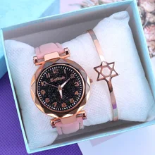 Relojes de pulsera informales de cuarzo con cielo estrellado para mujer, relojes de pulsera de cuero a la moda para mujer