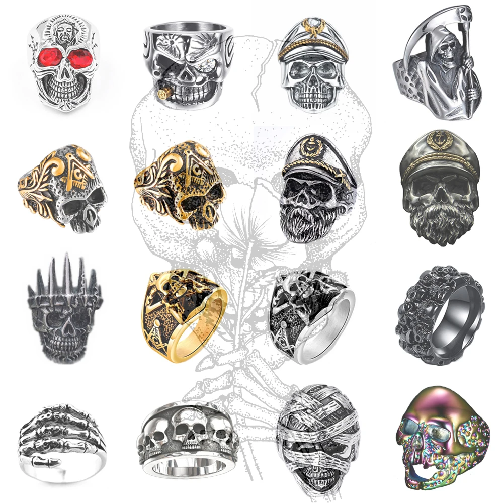 

Rock Punk Skull Ring For Men Jewelry 2020 Hiphop Skull Ring Devil Male Ring Multiple Styles Stainless Steel Wholesale Lots Bulk