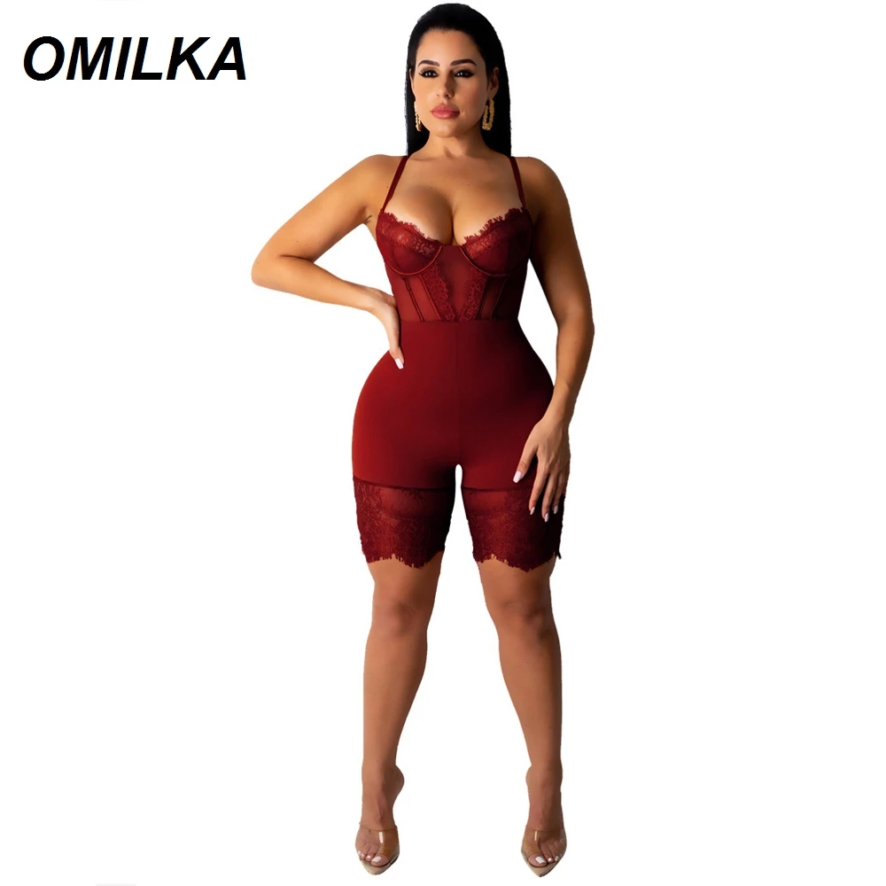 OMILKA кружевные комбинезоны осенние женские спагетти ремень V шеи спинки Bodycon полые Клубные вечерние короткие комбинезоны спортивные костюмы