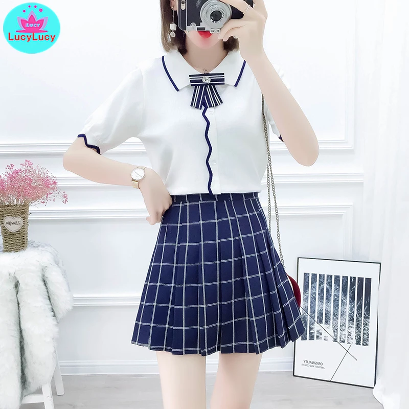 

2019 summer net red small fresh England college wind suit lapel bow tie sweater + high waist slim pleated skirt 2 piece set