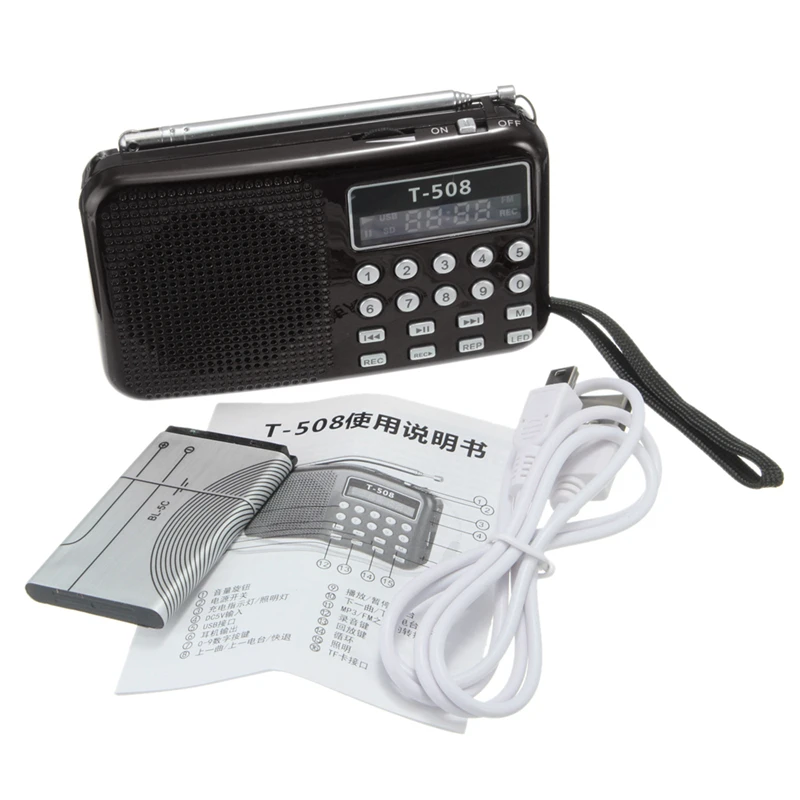 T508 мини портативный светодиодный светильник стерео fm-радио MP3 музыкальный плеер TF USB динамик, черный
