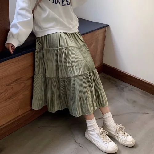 Faldas mujer moda однотонные плиссированные милые стильные осенние юбки до середины икры имперский Высокая талия Женская одежда Женская мода feminina - Цвет: Зеленый