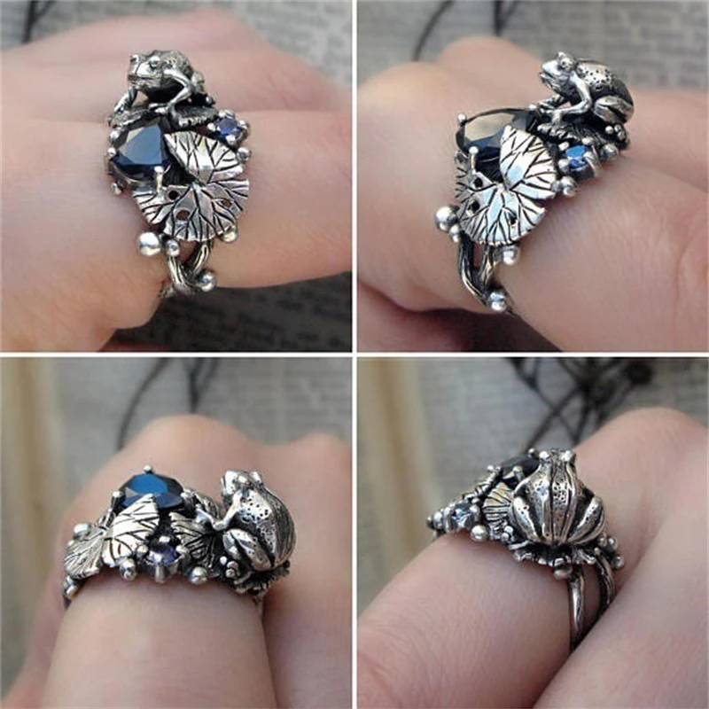 Retro Geometric Frog Lotus Leaf Ring Fashion Men and Women Blue Gemstone Decoration Casual Party Mascot Animal Jewelry | Украшения и