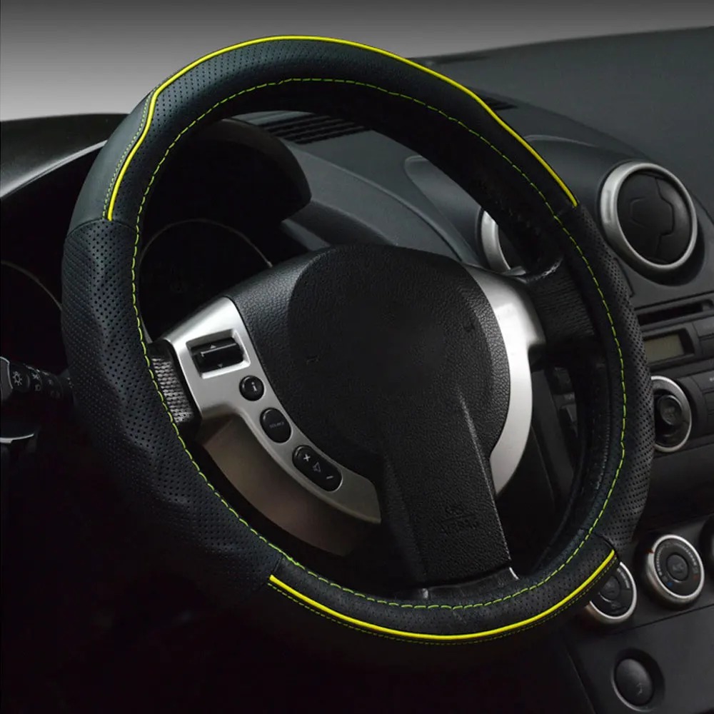 Black Yellow GLCC верхний слой кожаный чехол рулевого колеса автомобиля 38 см покрытие автомобильного колеса аксессуары для салона автомобиля - Название цвета: Black Yellow