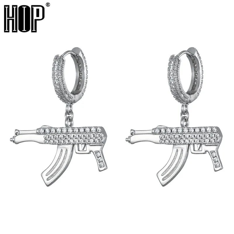 

Gun Shape Dangle Earrings Micro Paved AAA+ Bling CZ Cubic Zircon Gold Color Color Earrings For Men Women Hip Hop Jewelry