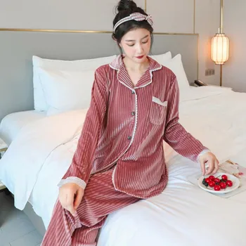 

2020 Autumn Winter Warm Pajama Sets Fashion Long Sleeve Gold Velvet Pajamas Set Women Casual Soft Sleepwear Pyjama Nightwear Set