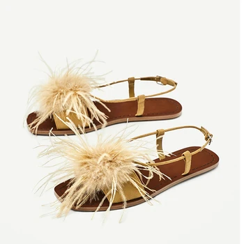 

Summer Low-heeled Women Flat Fur Sandals Holiday Beach Shoes