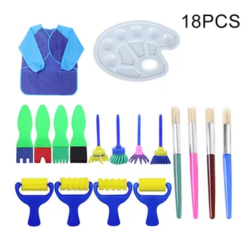 

18pcs Apron Reusable Plastic Palette DIY Easy Clean Kids Drawing Foam Sponge Paint Brush Set Arts Craft School Early Learning