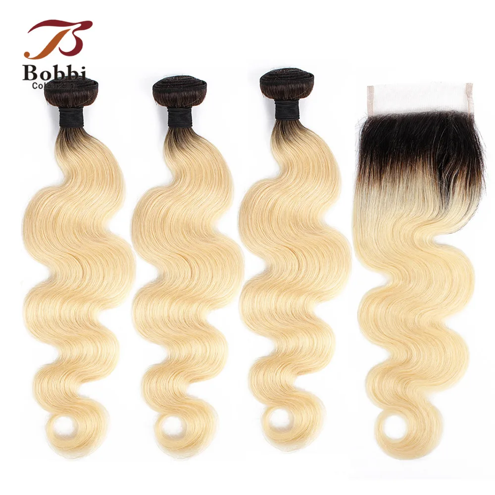 BOBBI коллекция Ombre T 1B 613 темный корень Платина блонд Связки с закрытием Омбре бразильские волнистые волосы не Реми
