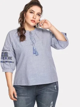 

Plus size women's 2020 new embroidered striped lantern sleeve shirt two-color halter half-open collar top