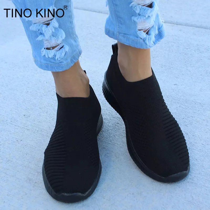 TINO KINO/женские вязаные осенние кроссовки на плоской подошве; Новинка размера плюс; женская обувь из вулканизированного сетчатого материала; женская дышащая повседневная обувь без застежки