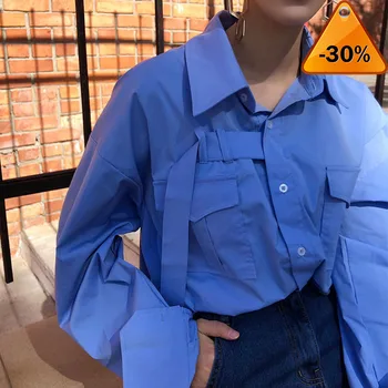 

Blue shirt Royal women Lapel Blouse Feminina fashion Safari style Spring Summer top Clothing loose Plus Size new