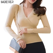 NIBESSER сексуальный свитер с глубоким v-образным вырезом Женский пуловер Повседневный тонкий приталенный свитер женские эластичные Топы с длинным рукавом Femme